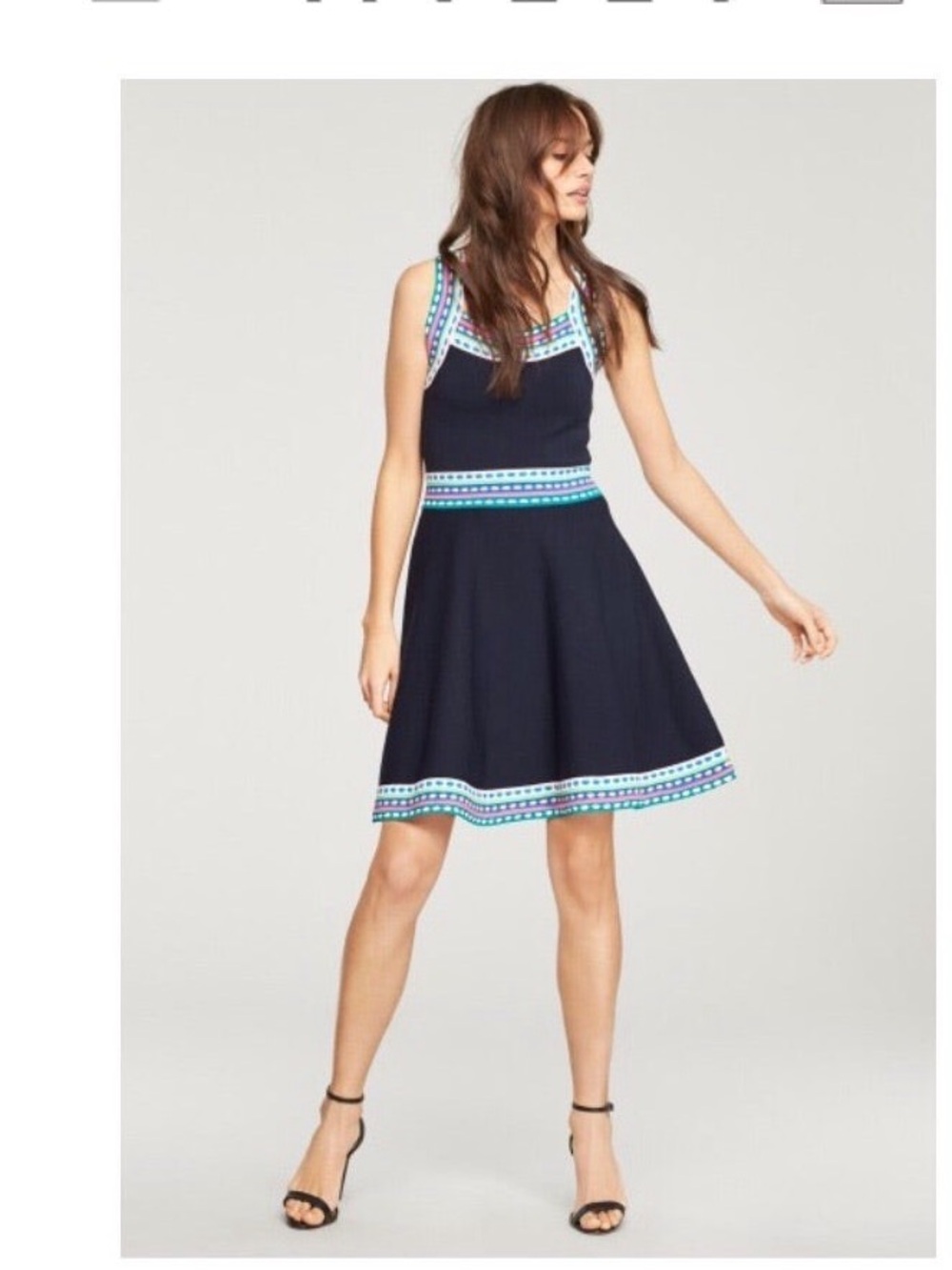 Milly navy woven trim Stretchy flare dress celebrity worn Sz S